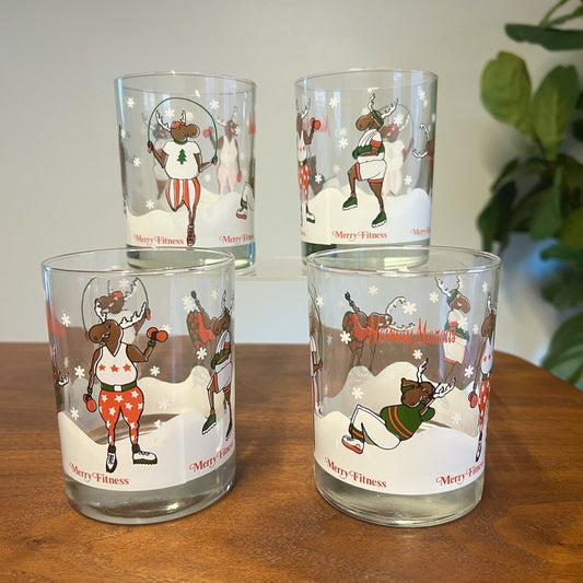 4 x Merry Fitness Moose Glass Double Old-Fashioned Glasses Holiday Christmas