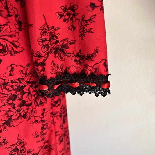 California Dynasty M/L Vintage Lace Red Floral Robe Kimono Belt Romantic Sexy