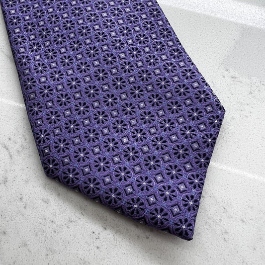 Saks Fifth Avenue Black Label 100% Silk Purple Geometric Designer Luxury Necktie