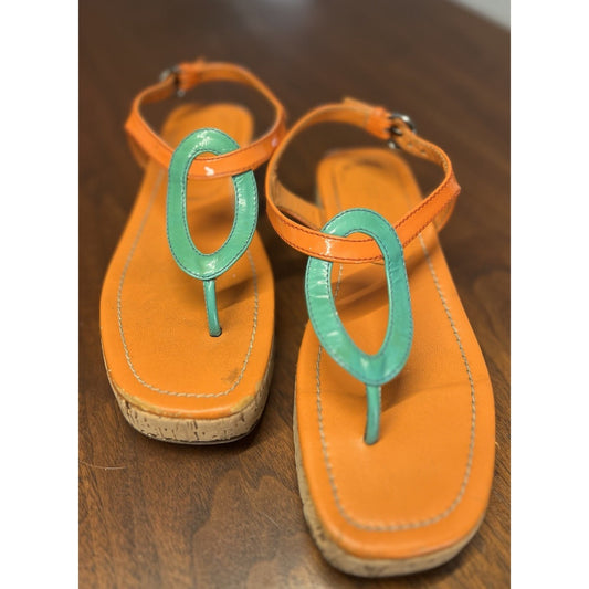 Miu Miu Orange / Teal 2” (aprx) Cork Wedge Women’s Size 5.5 Ankle Buckle Sandal