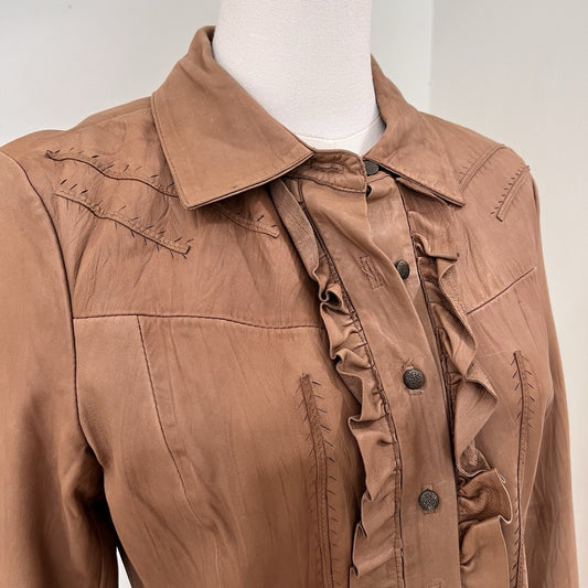 Vintage Cache Lambs Leather Jacket (M) Ruffle Feminine Western Romantic Brown