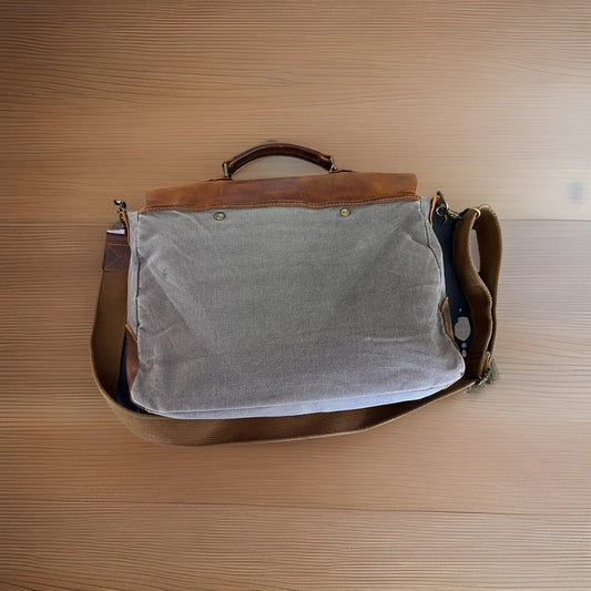 Vintage Style Leather & Canvas Wowbox Messenger Bag 6 Pocket + Organizer Sleeves