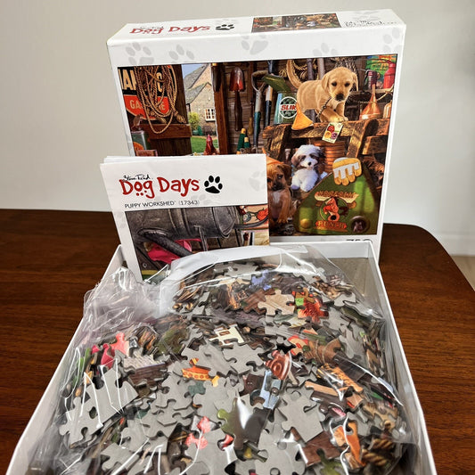 RARE Steve Read Puppy Workshed Dog Days 750 Piece Buffalo Jigsaw Puzzle Complete