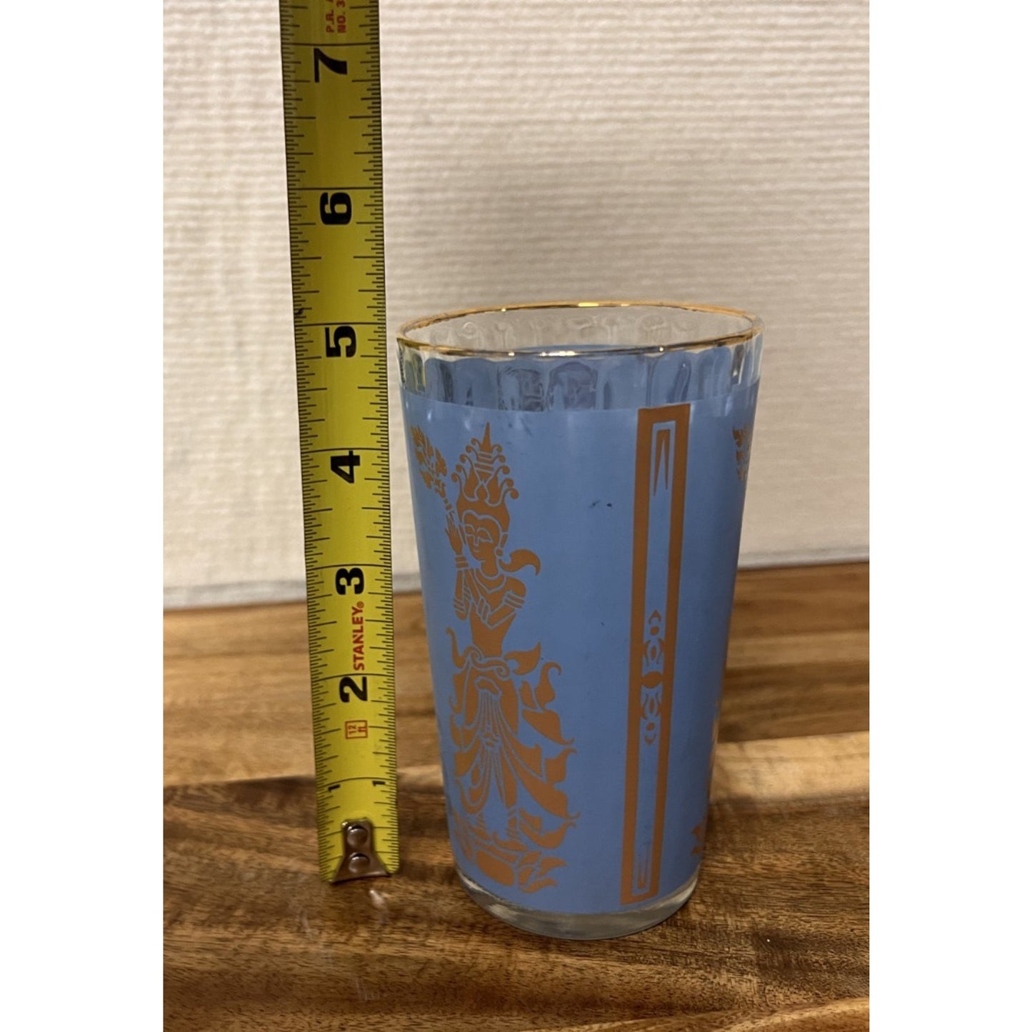 Vtg MCM Culver Blue Gold "Mandalay" Thai / Siam Goddess Highball Glass Tumbler