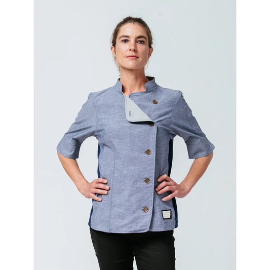 NWOT Helt Studios (L) Stephany Chambray Denim Crewtech Short Sleeve Chef Coat