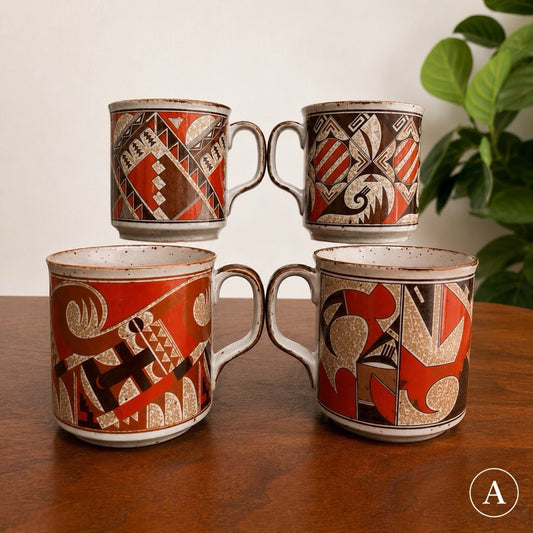 Takahashi Otagiri Stoneware 4 Mugs Tribal Native American Southwestern Geometric