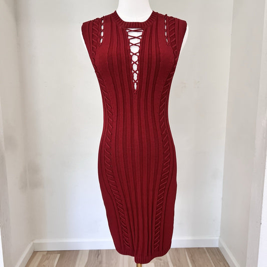 Ronny Kobo Zola Dress (M) Knit Bodycon Bondage Bandage Red Cocktail Sexy Lace Up