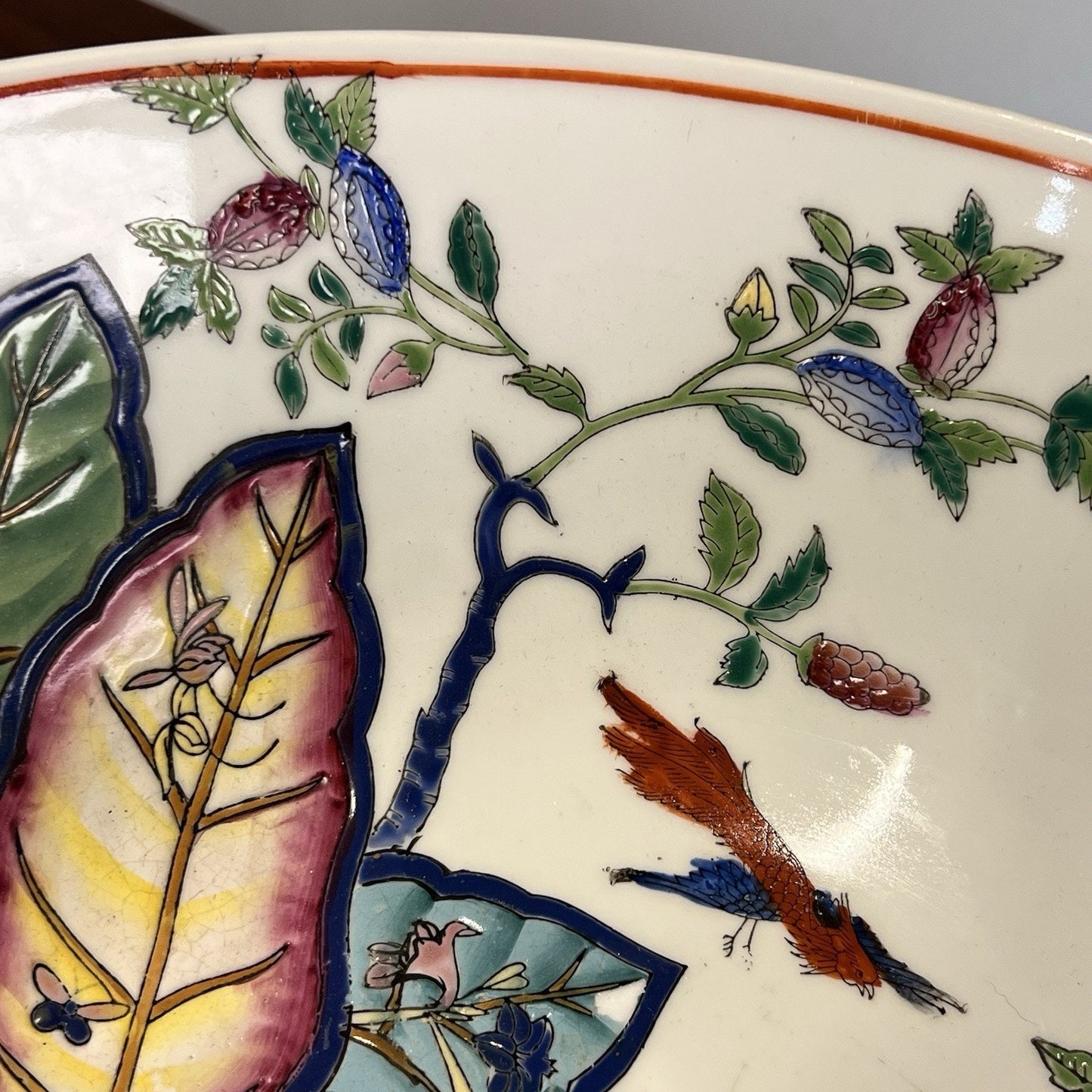 Chinese Export Tobacco Leaf Bowl 12x8” Chinoiserie Oriental Asian Hand Painted