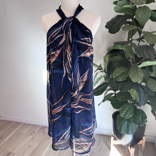 ASTR (L) Halter Scarf Neck Chiffon Overlay Shift Dress Keyhole Floral Sheer