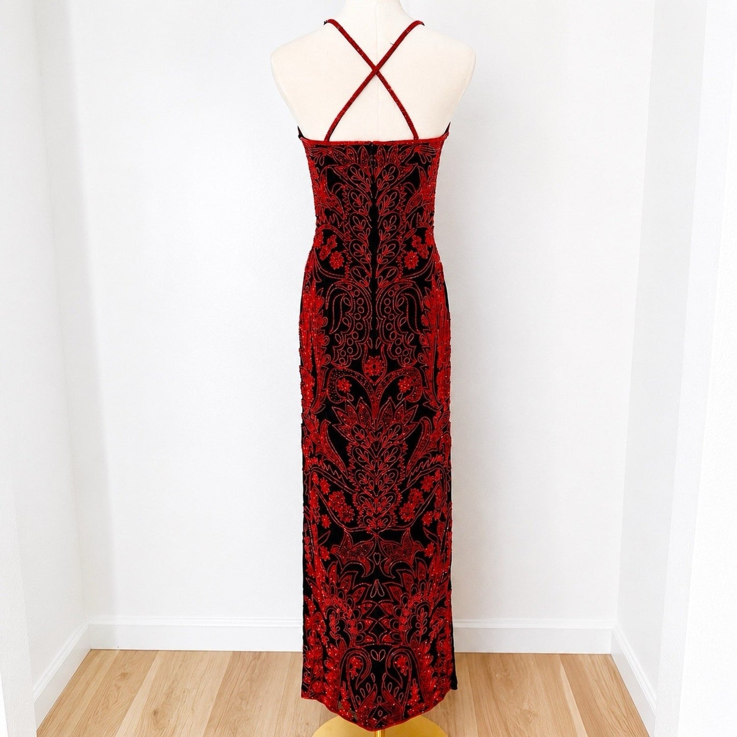 XS Cache Silk Black Red Beaded Dress Vamp Y2K Dramatic Goth Witchy Glam Luxe 90s