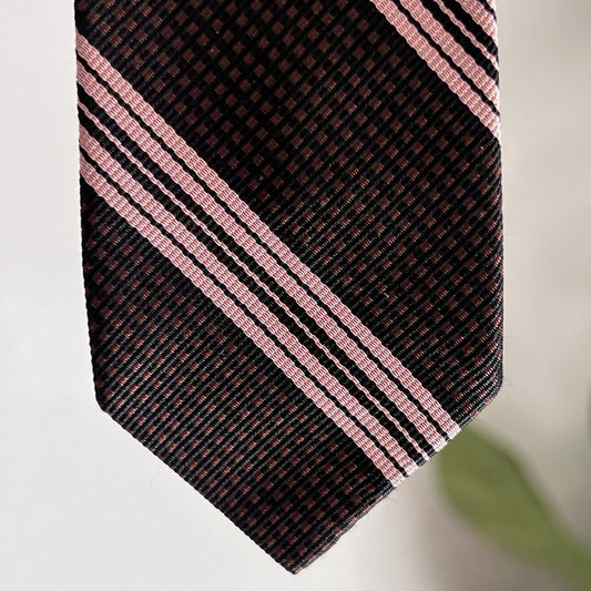 Handmade Skinny Short Necktie Pink Black Stripe Woven Tie 54x2.25”