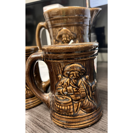 Vtg McCoy Pottery Brown Stoneware Pitcher & 2 Mugs Featuring "Buccaneer Pirate