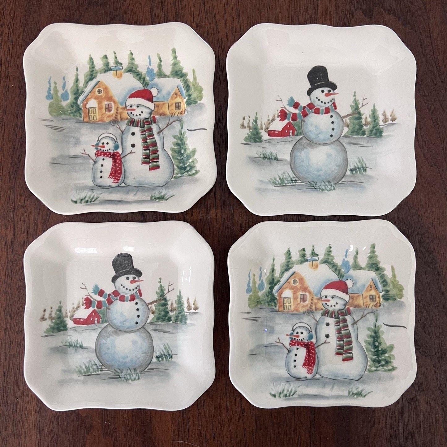 4 x Maxcera Plates NEW Snowman Dessert Appetizer 5x5” Square Holiday Christmas