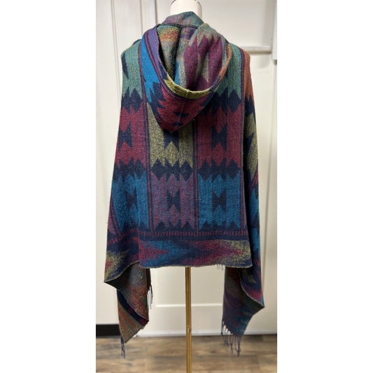 Woven Heart Ruana Wrap Poncho Southwest Aztec Tribal Patterned Fringe Cardigan