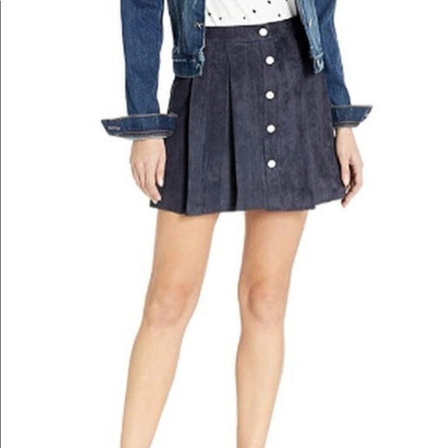 Anthropologie RAGA Small Skirt Blue Faux Suede Retro 70s Pleated Button Down