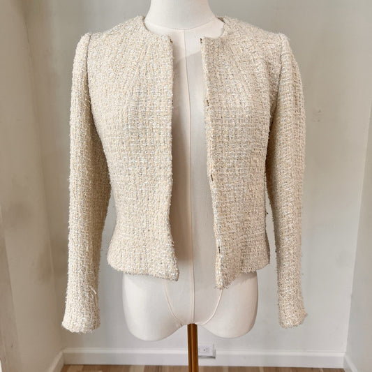 Brooks Brothers Cropped Blazer 6P Womens Tweed Collarless Ivory Metallic Thread