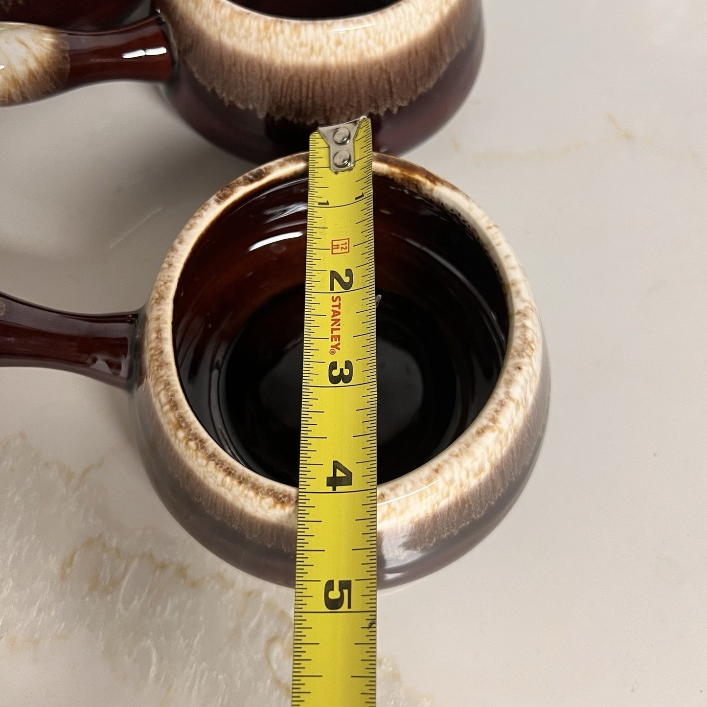 4 x McCoy Pottery Bowls 7054 Onion Soup Brown Drip Handle USA Vintage Retro