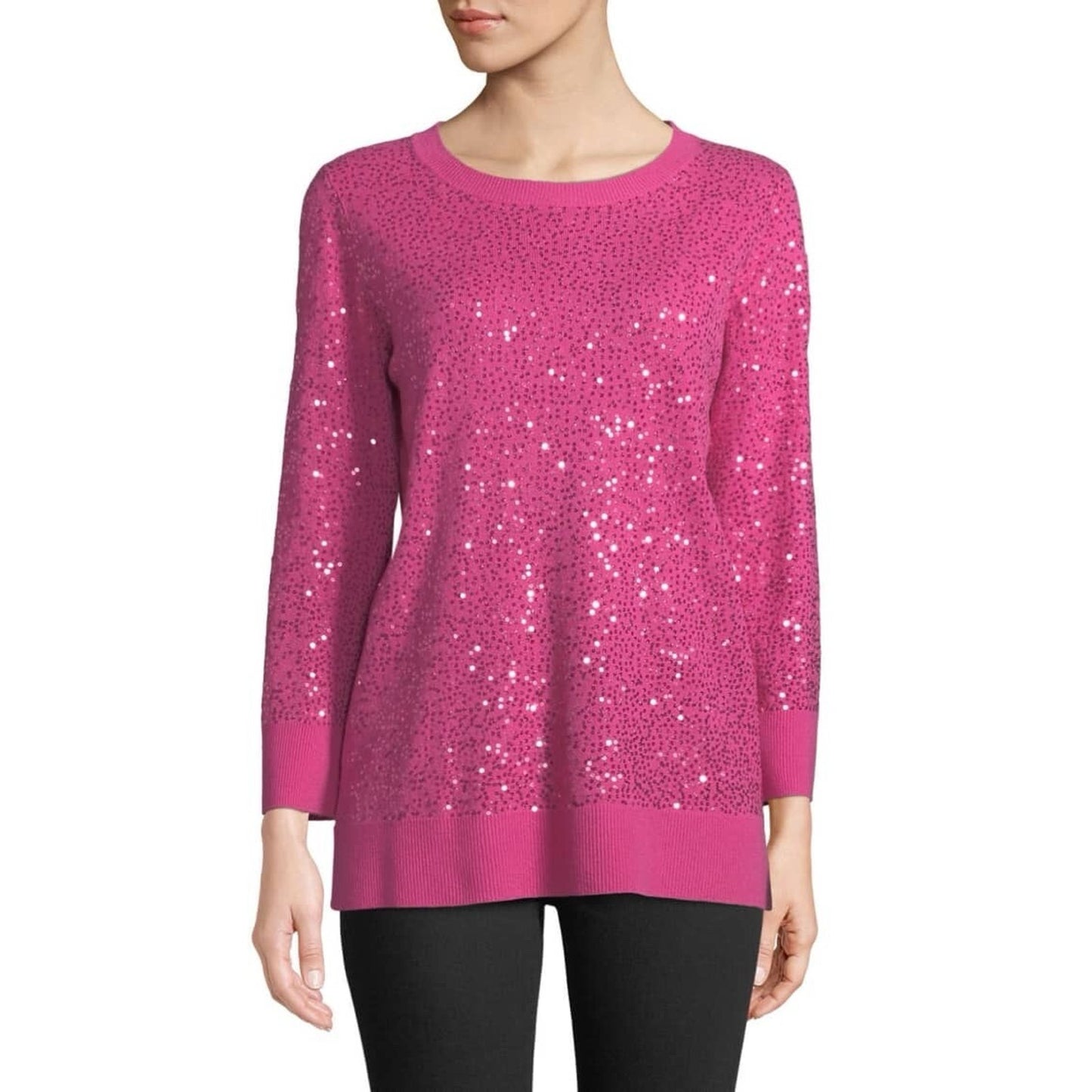 100% Cashmere XS Neiman Marcus Pink Sequin Long Sleeve Sweater Designer Classy