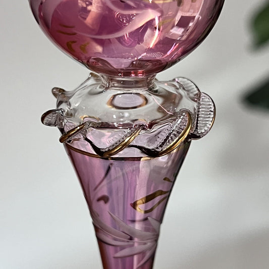 Vtg Blown Glass Etched Hand Painted Egypt Pink Gold Teardrop Christmas Ornament