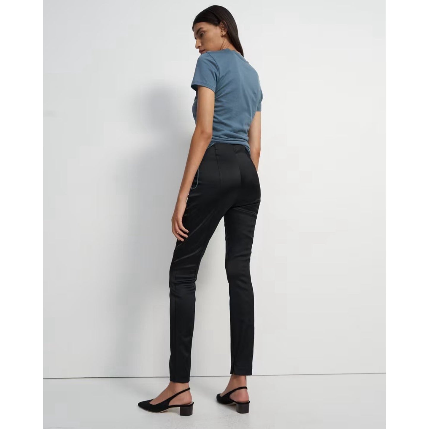 NWT $295 Theory Skinny Legging 4/27 Black Satin Stretch Pants Ankle Zip