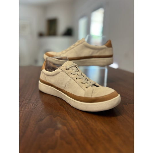 Vionic Essence Mayra Suede & Canvas Crème Tan Side Zipper Sneakers Women’s Sz. 8