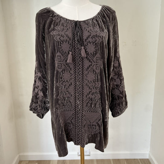 Johnny Was (S) Grey Velvet Peasant Blouse Silk Blend Tunic Top Gray Boho Tassle