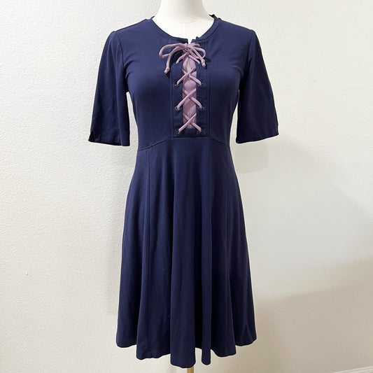 Anthropologie Maeve Dress XS Renaissance Lace Up Coquette Jersey Fit Flare Navy