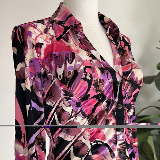 CACHÉ Button Up Blouse Y2K Pink Purple Abstract Butterfly Pearl Snap Watercolor