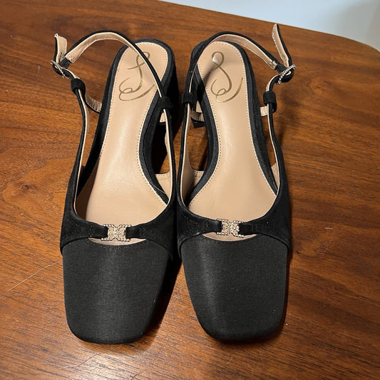 Sam Edelman Tarra 2 Sz 5 Suede/Fabric Sling Back Pump Low Block Heel Black Suede