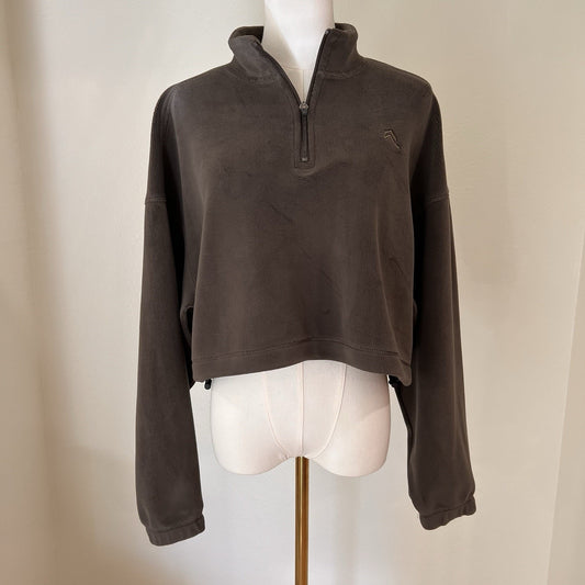 Oner Active XS Fleece Pullover 1/2 Zip Oversized Crop Cinched Hem Brown Velour