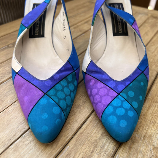 Vintage 80s Stuart Weitzman 5W Slingback Colorblock Pumps Funky Unique Heels