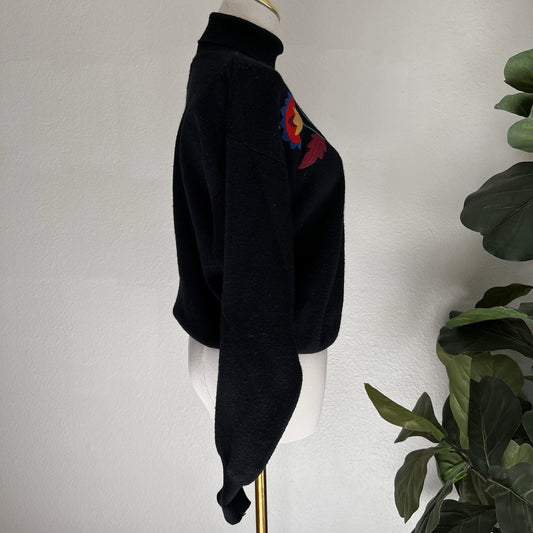 Vintage Obermeyer Sweater (S) Lillian Wool Blend Embroidered Nordic Flower Black