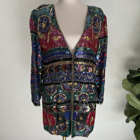 100% Silk Vintage Jean for Joseph Le Bon (M) Sequin Holiday Unique Retro Jacket