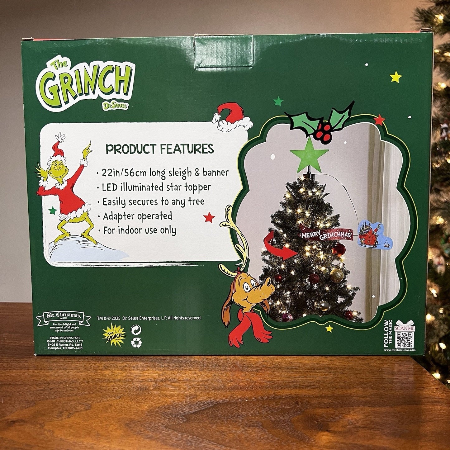 Grinch Mr. Christmas Tree Topper 22” Animated Light Up Flying Sleigh Dr Seuss