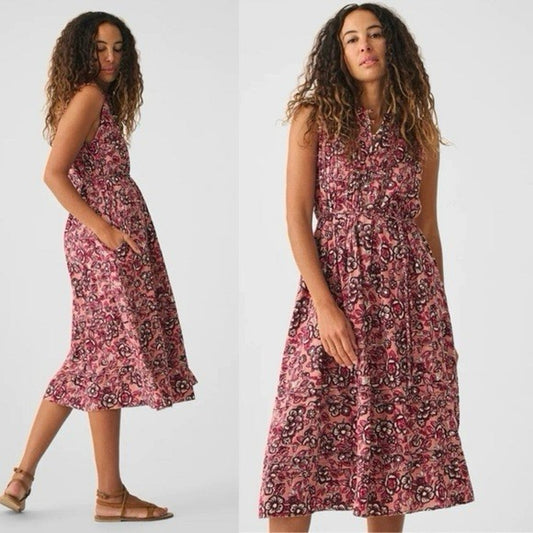 Faherty Dress (S) Linen Blend Floral Hippie Boho Prairie Cottagecore Pink Resort