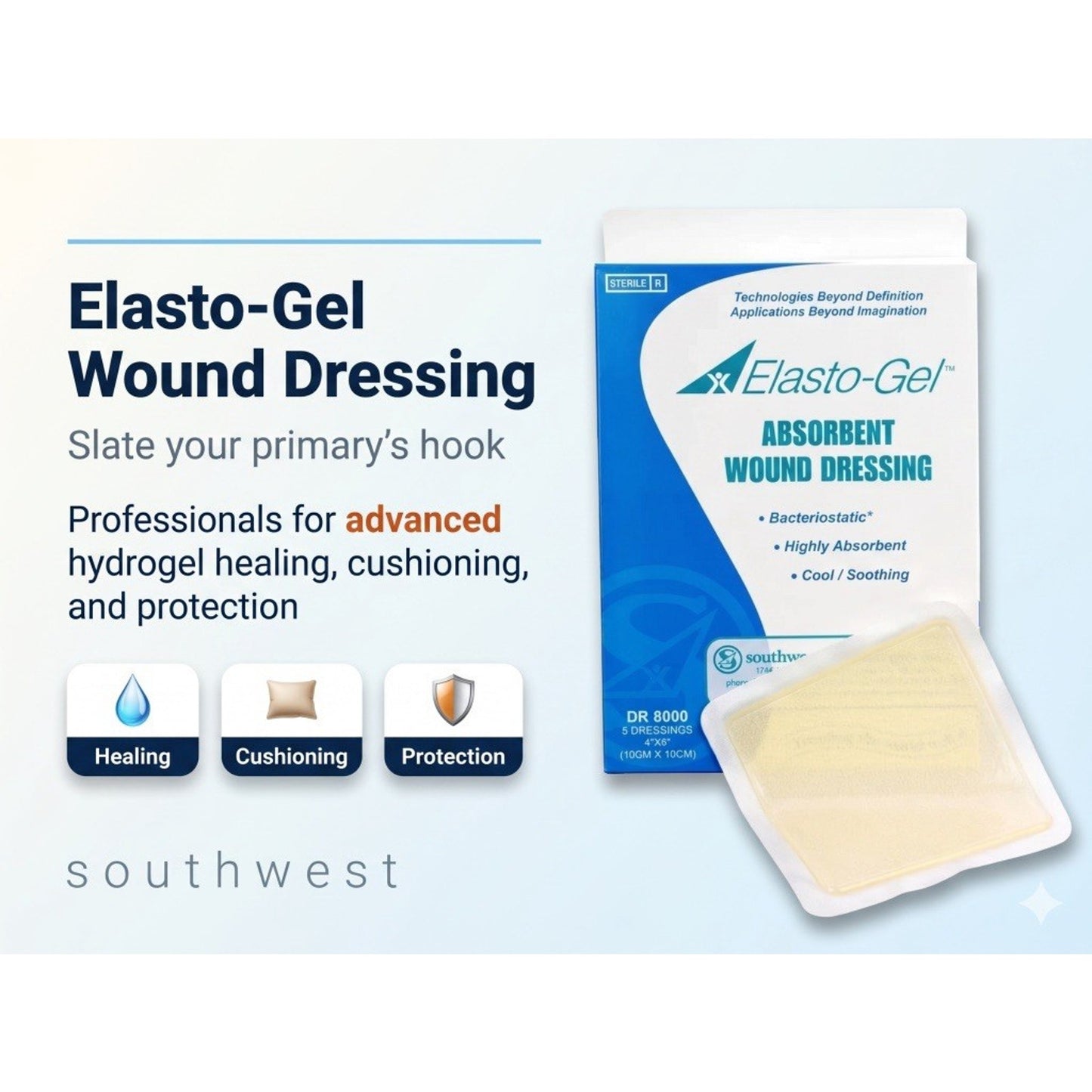 Elasto-Gel Wound Dressing Without Tape 4x4” Box of 5 DR8000 Cooling Cut To Fit