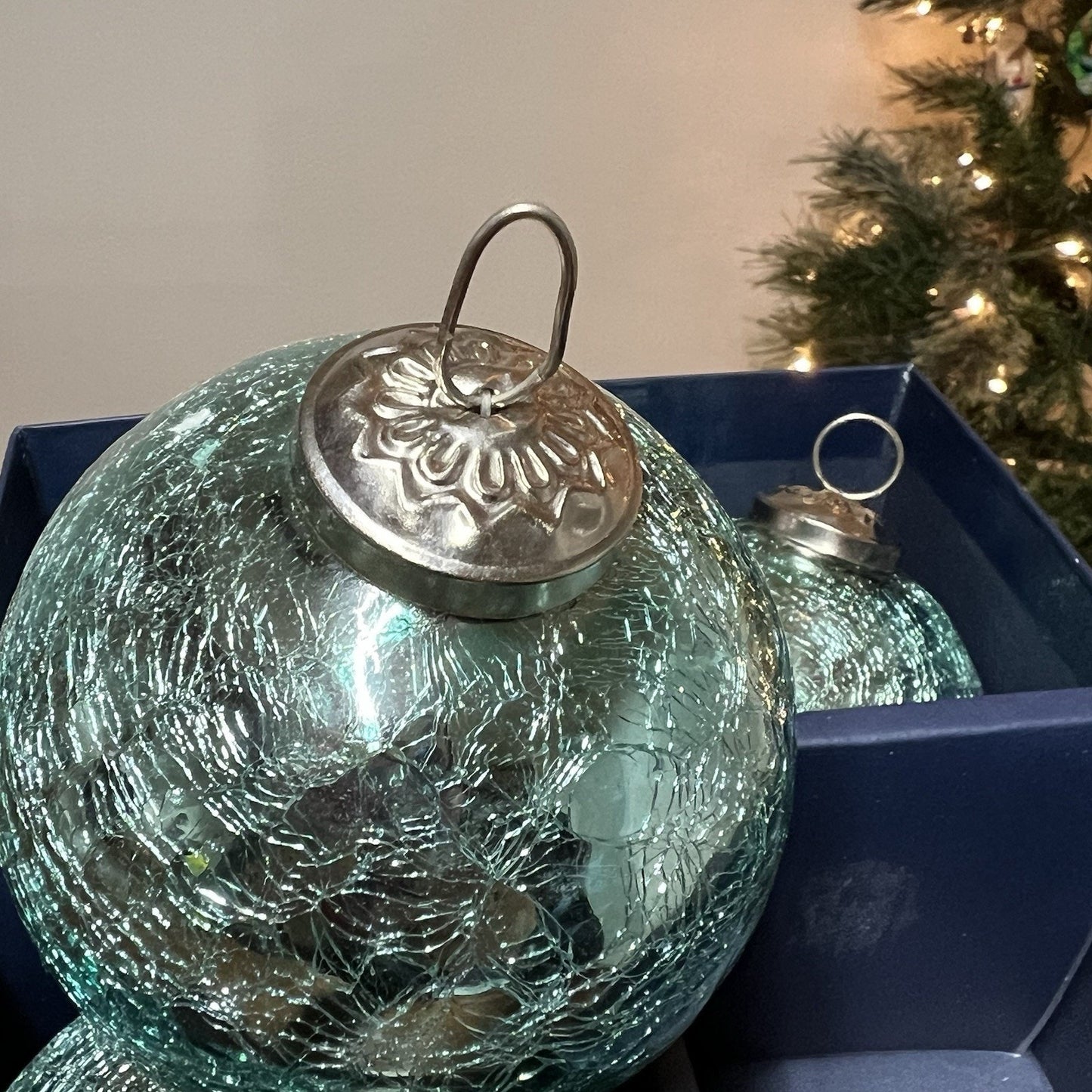 Set of 4 Mistletoe & Sailing Christmas Ornaments Coastal 4” Beach Crackle Glass