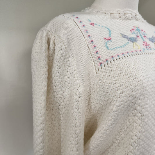 Vintage Knit Sweater Cottagecore Bird Embroider (L) Granny Artisan Romantic