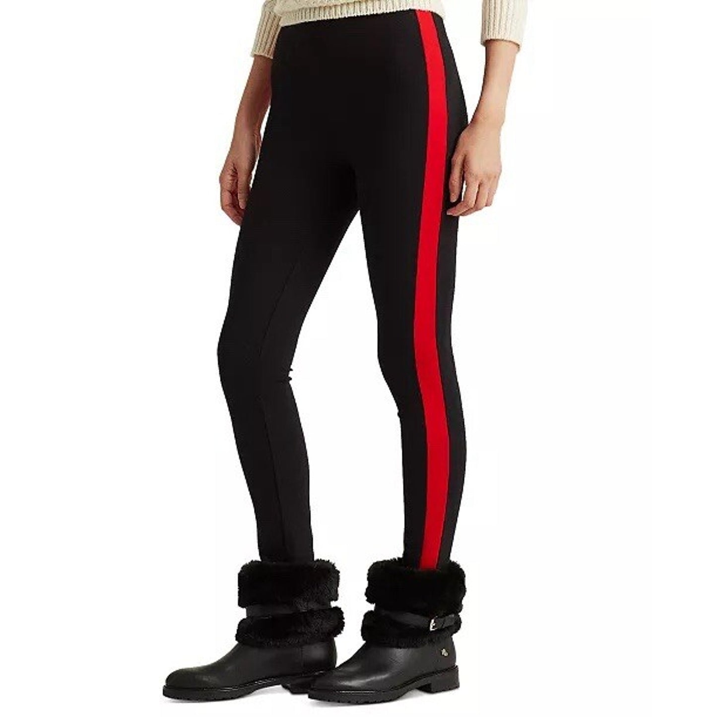 Lauren Ralph Lauren Black Label XS Ponte Skinny Leggings Black Red Side Stripe