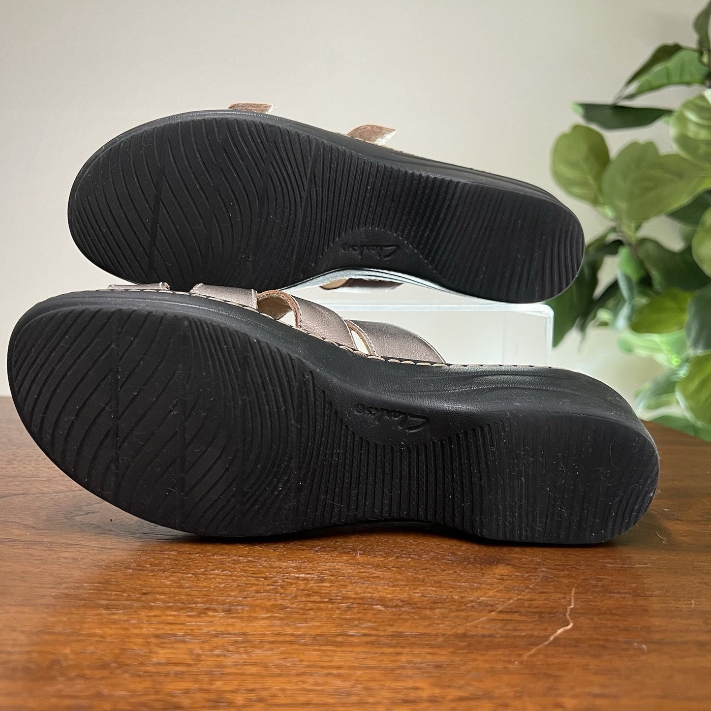 Clarks Merliah Karli Sandal Slides 8.5M Metallic Leather Adjustable Wedge Heel