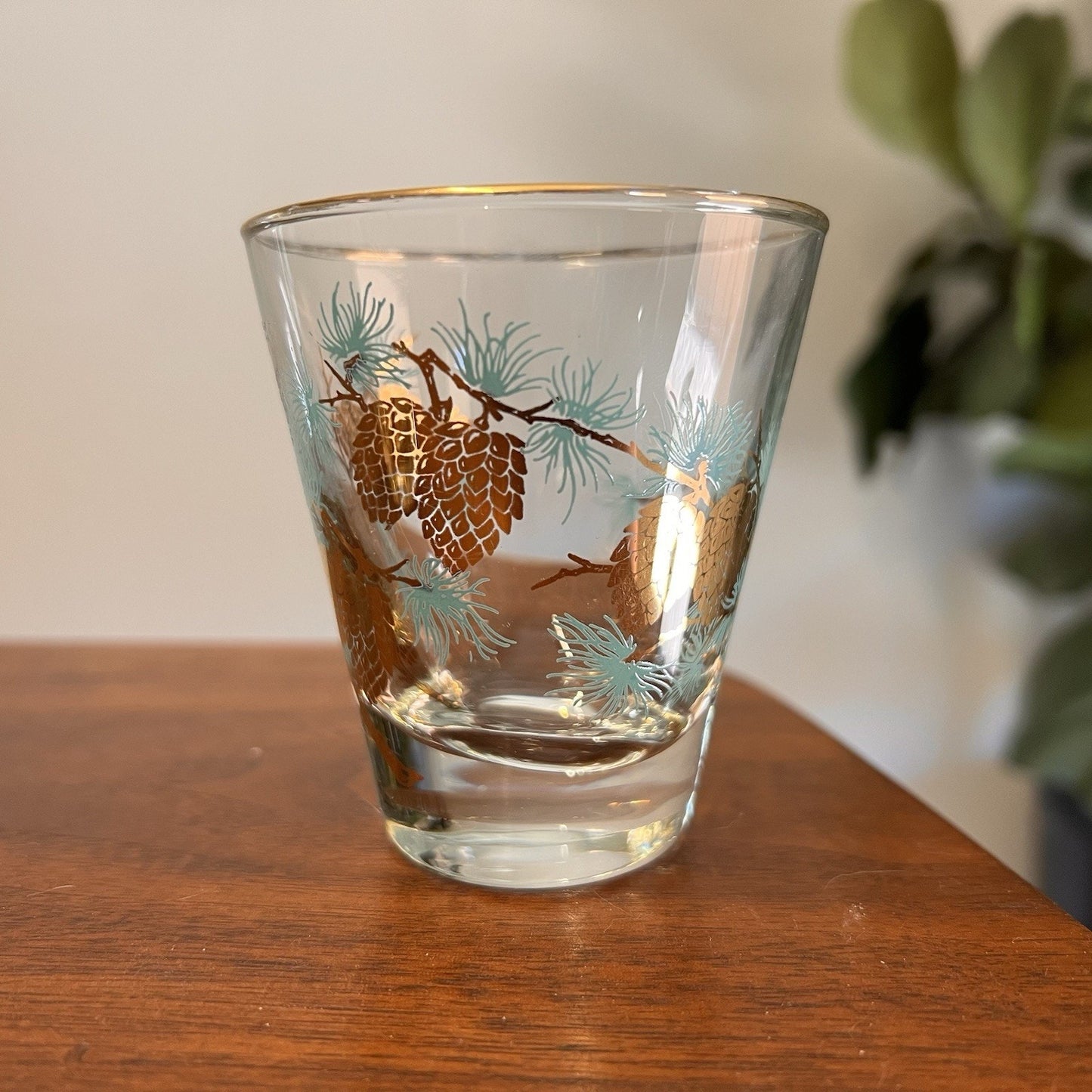4 Libbey David Douglas Aqua Gold Pine Cone Glasses Barware Tumbler LRS37 MCM