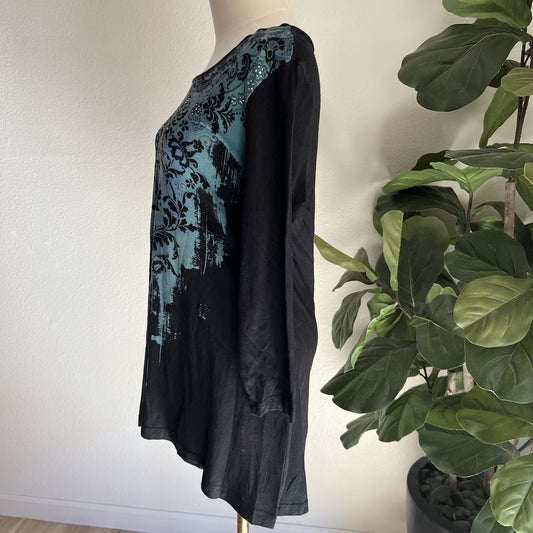 Katina Marie Tunic Top Y2K (S) Asymmetrical Rhinestone Bling Baroque Damask Edgy