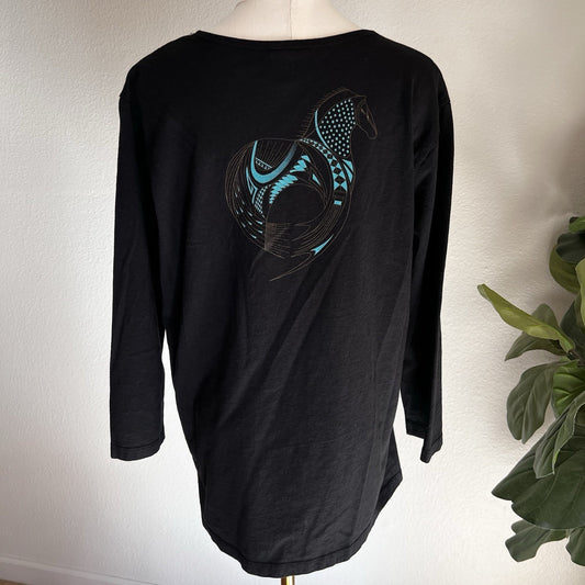 Sabaku Artwear Top 3/4 Long Sleeve Black Horse (S) Southwestern Native Santa Fe