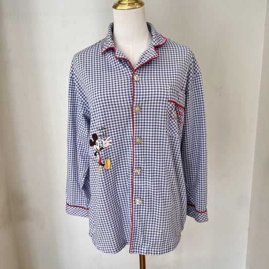 Vintage Mickey Mouse Button Front Women Pajama Shirt (L) Gingham Cozy Nostalgic