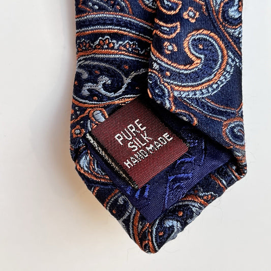 T.M. LEWIN Long Men's 100% Silk Necktie 63.5" Designer Blue Orange Paisley