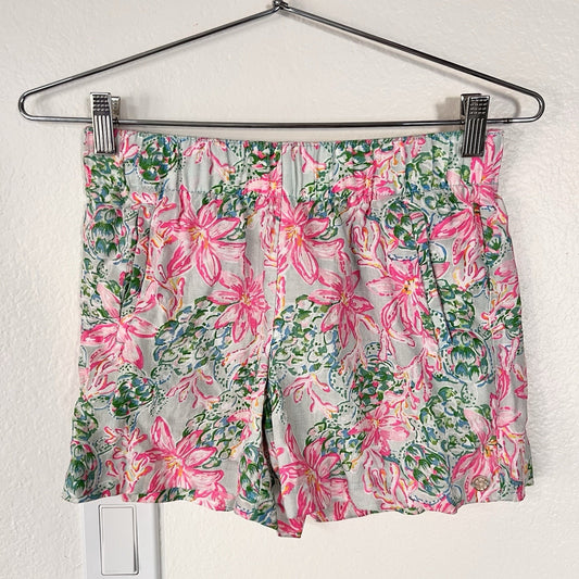 XXS Lilly Pulitzer Lilo Linen Shorts 2XS So Shellegant Floral Pull On 4" Inseam