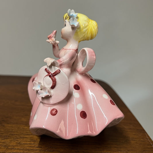 1960s Lefton Springtime Girl Figurine Pink Dress Blonde Big Bow Japan MCM 1450A