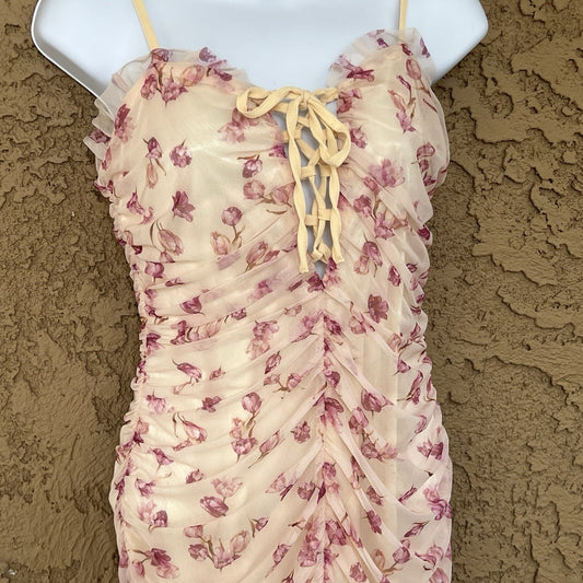 Y2K 90s SBetro Lace Up Sheer Ruched Floral Mesh Dress Mini Bodycon Sz M Girly