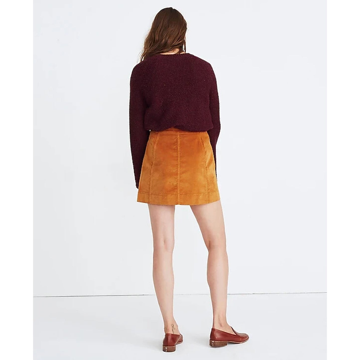 Madewell Velvet Suede A-Line Mini Skirt 25” Sz 2 Golden Brown Button Down Retro