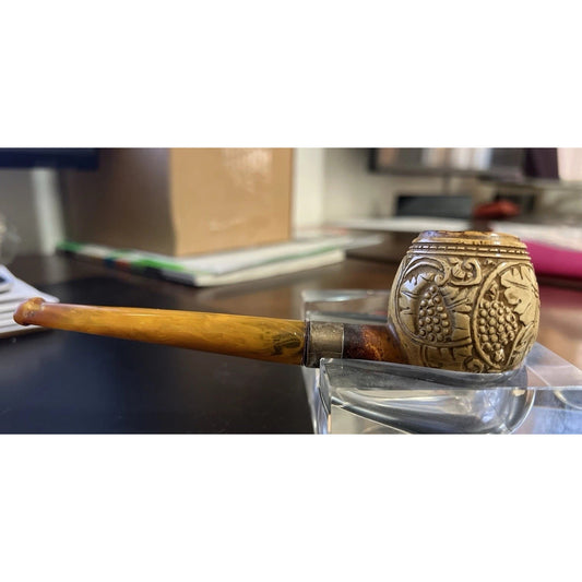 Vintage Hand Carved Meerschaum Estate Smoking Pipe w/ Sterling Silver Band